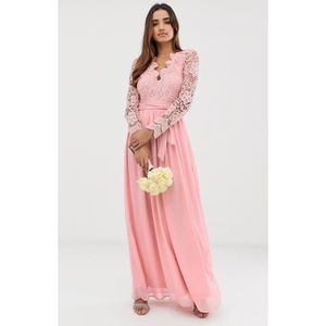 NEW Club L London Blush Sugar Pink Lace Crochet Long Sleeve Maxi Dress Gown